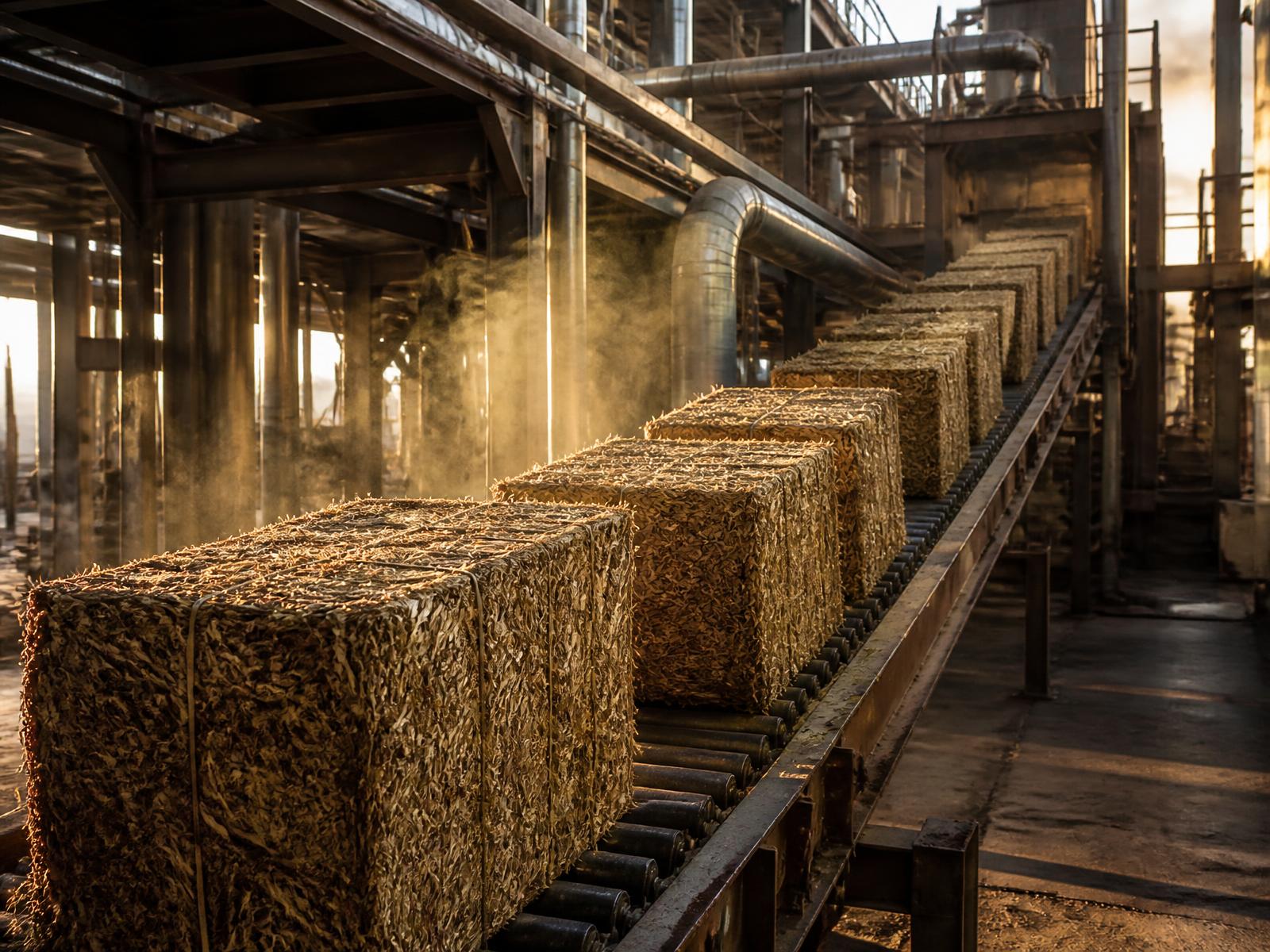 Industrial conveyor carrying compressed biomass material