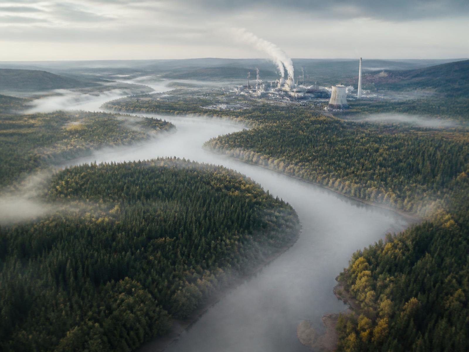 Aerial view of forested river territory beside an industrial facility